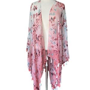 Lane Bryant Floral tassel open duster Kimono side seams One Size cream/pink poly